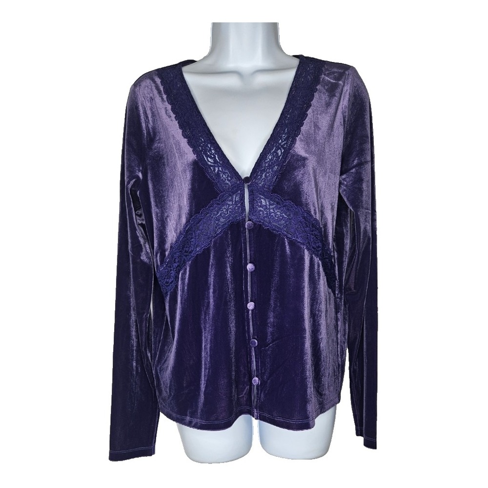 LOFT Purple Velvet Lace Button Front Top Womens M Whimsigoth Romantic Holiday